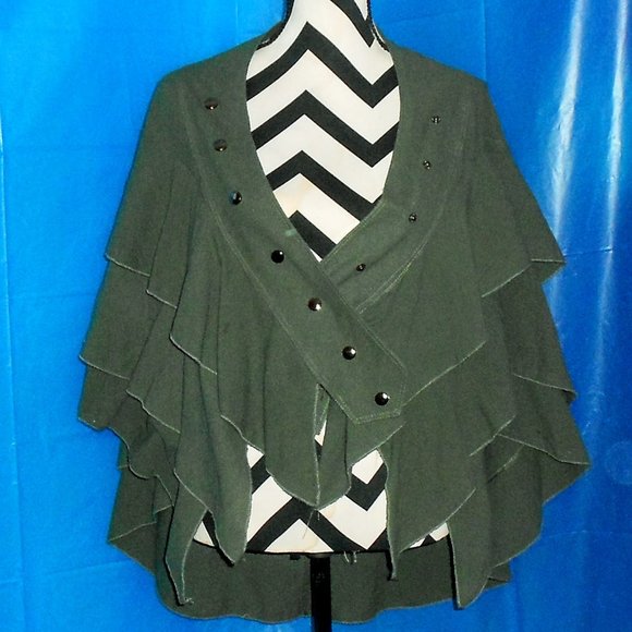 Army Green Button-Up Ruffle Cape Jacket - Picture 2 of 12